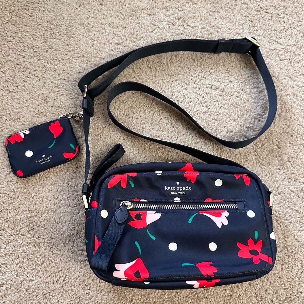 Kate Spade Chelsea Whimsy Navy and Red Floral Nylon Crossbody Bag